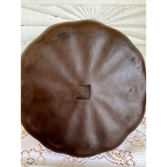 Vintage Clay Pumpkin Chinese Yixing Teapot Vines Big Stem Handle Signed - Picture 14 of 16